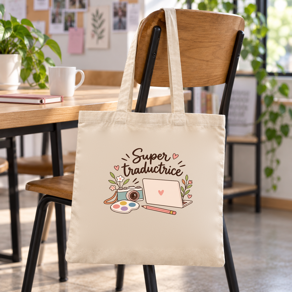 Tote bag traductrice « Super traductrice » Essentiel suspendu à une chaise de bureau, à côté d'un mug
