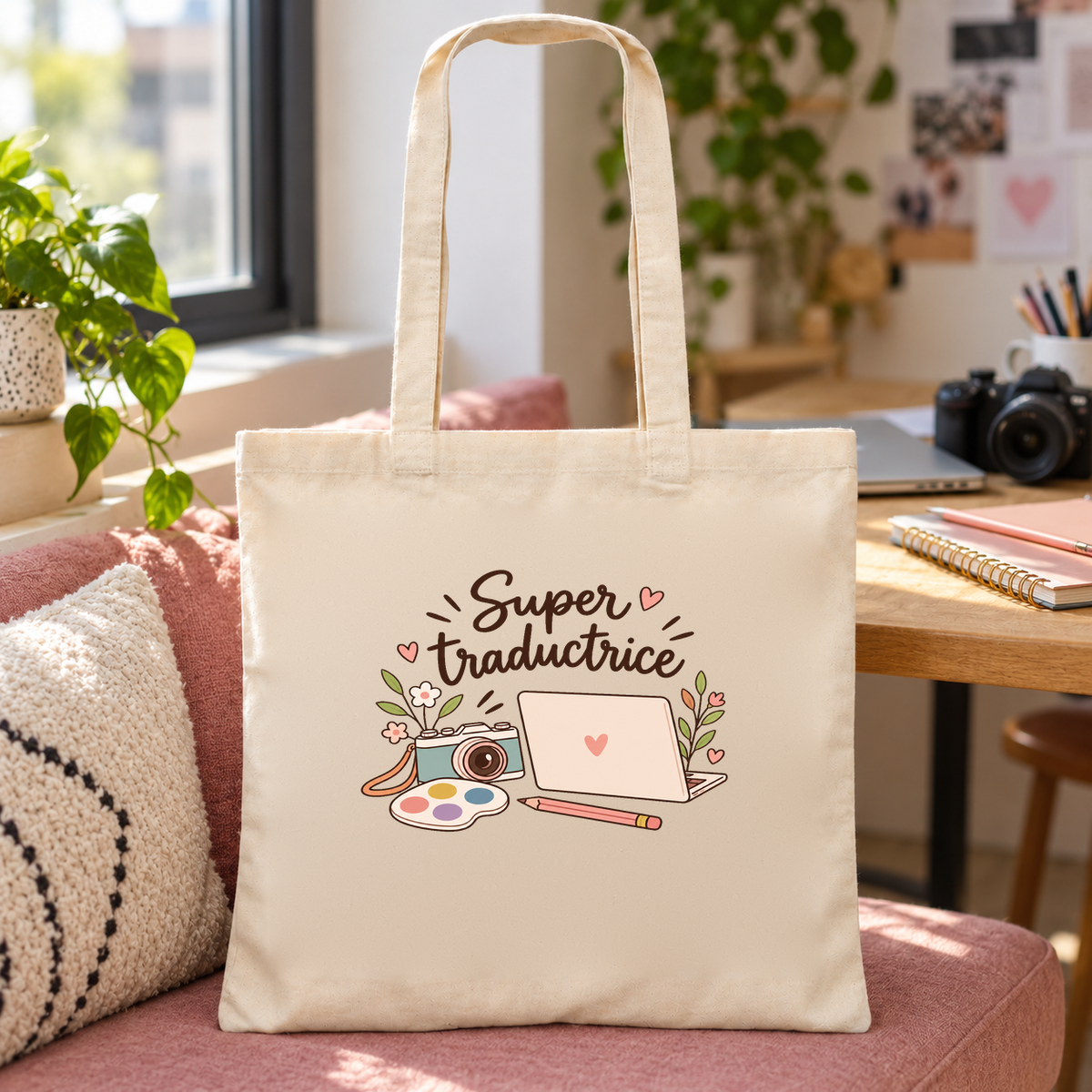 Tote bag traductrice « Super traductrice » Essentiel posé sur une banquette, à côté d'un coussin