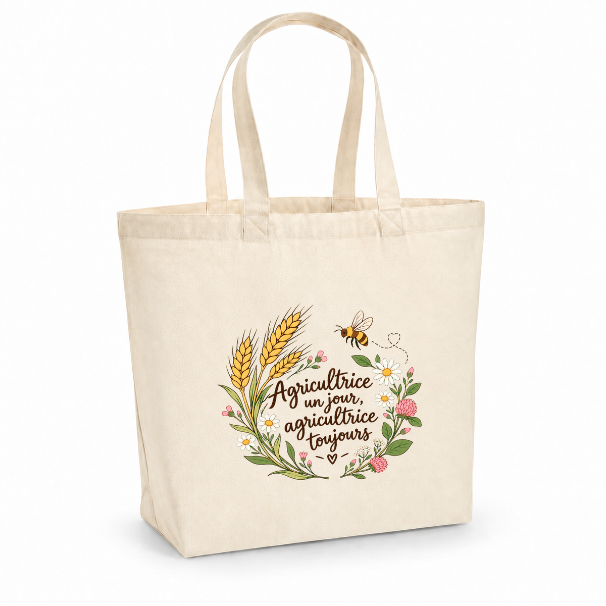 Tote bag agricultrice Premium, cabas à soufflet en coton naturel 200 g/m² de 18 litres, illustration bohème d'épis de blé, d'une abeille et de fleurs des champs