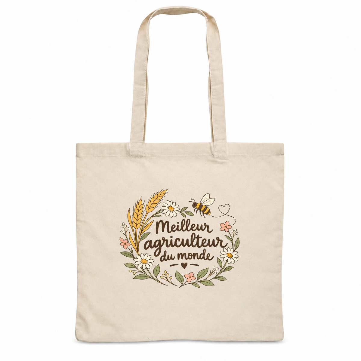 Tote bag agriculteur « Meilleur agriculteur du monde » Essentiel, sac plat en coton naturel 140 g/m² de 38 × 42 cm, illustration bohème d'épis de blé, d'une abeille et de fleurs des champs