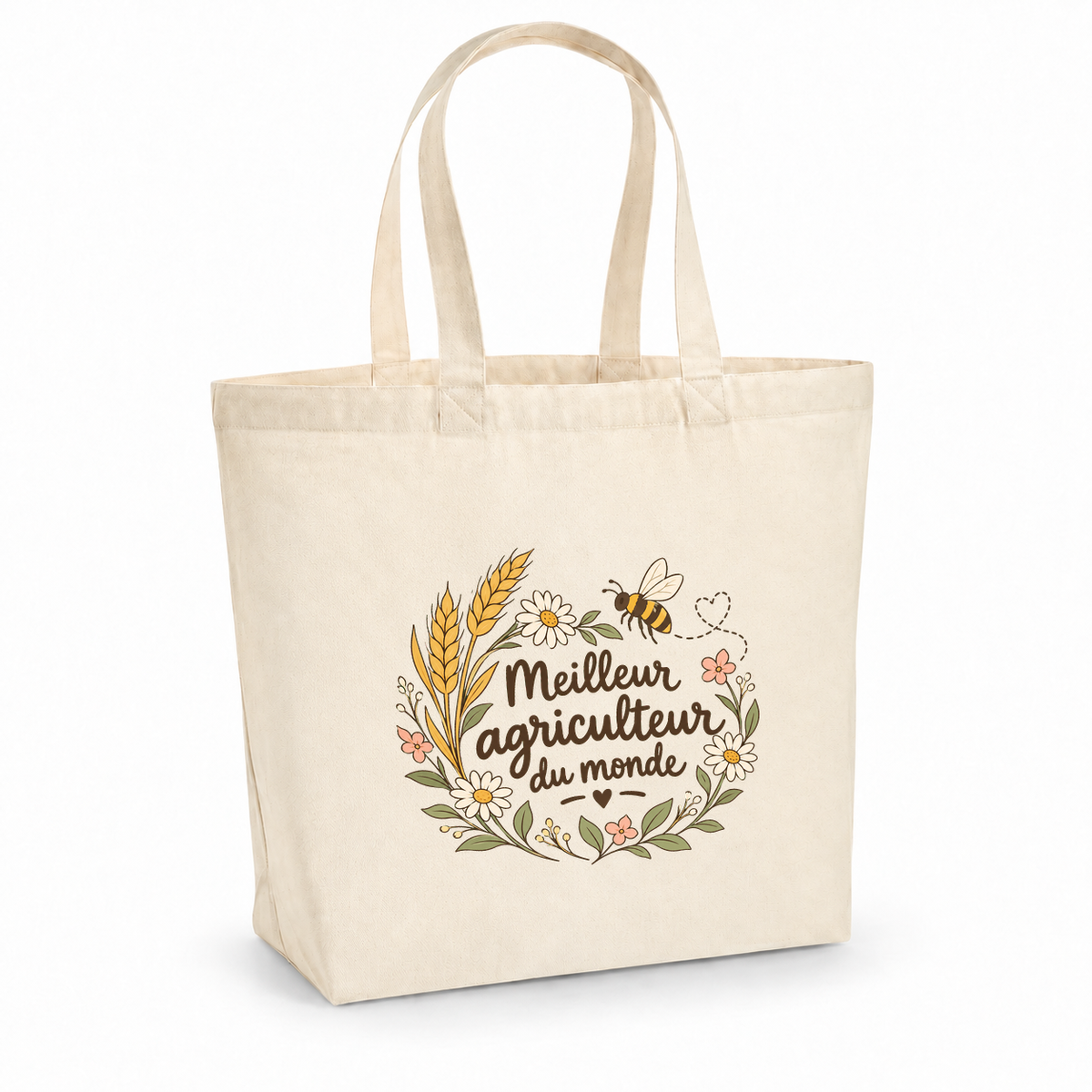 Tote bag agriculteur « Meilleur agriculteur du monde » Premium, cabas à soufflet en coton naturel 200 g/m² de 18 litres, illustration bohème d'épis de blé, d'une abeille et de fleurs des champs