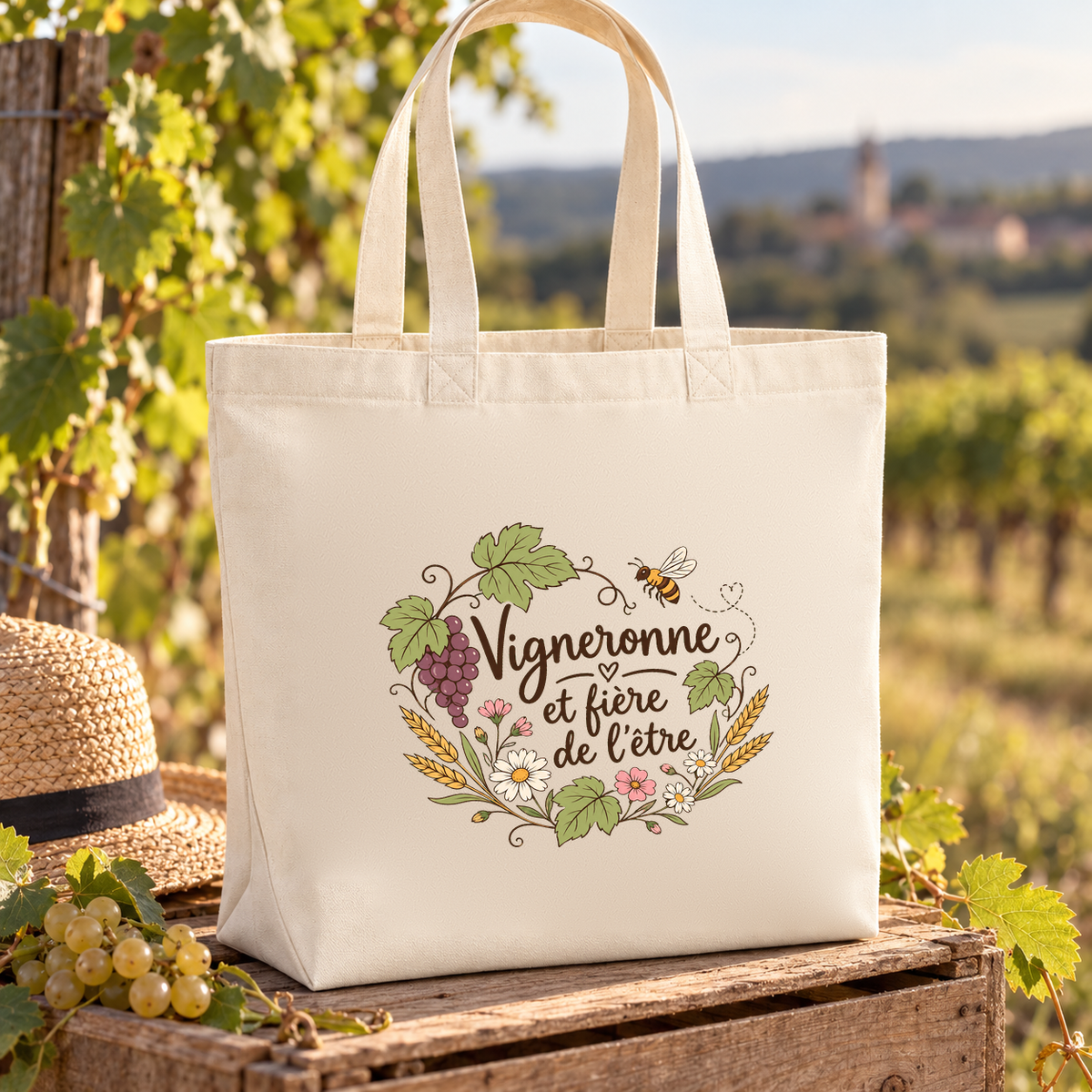 Tote bag vigneronne « Vigneronne et fière de l'être » Premium posé sur une caisse en bois dans les vignes, à côté d'un chapeau de paille et de raisins