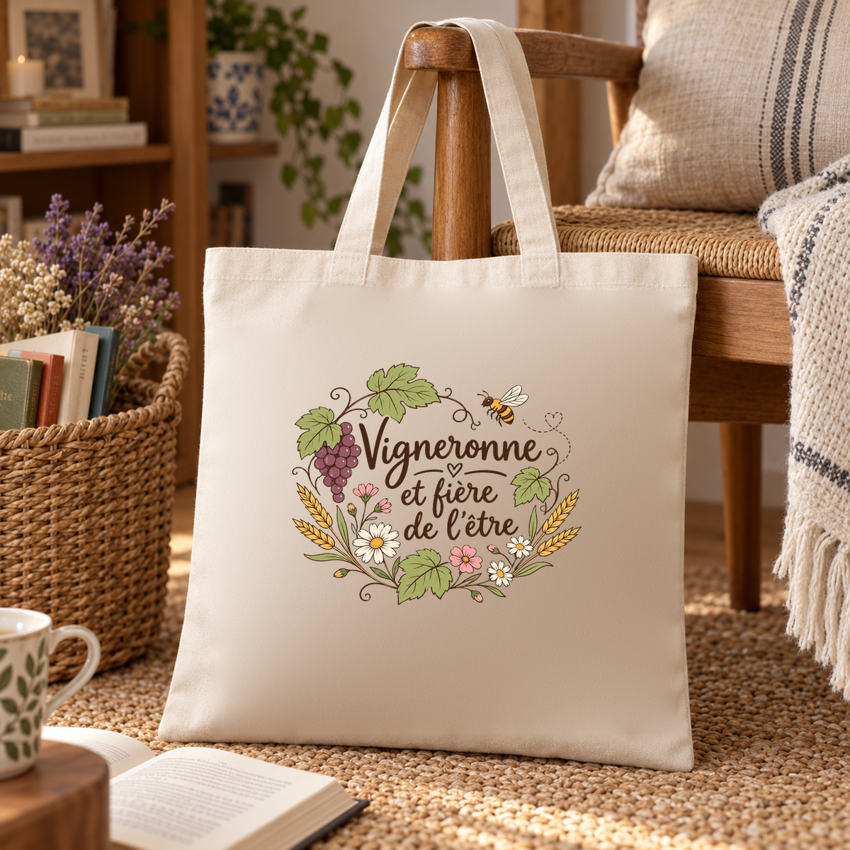 Tote bag vigneronne « Vigneronne et fière de l'être » Essentiel posé sur un banc, à côté de livres et d'un bouquet de lavande