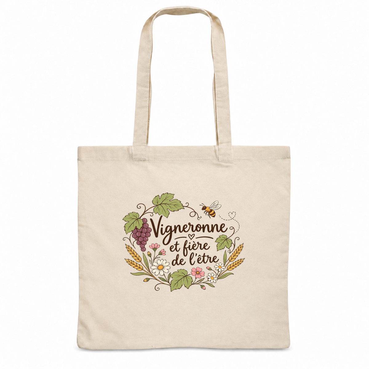 Tote bag vigneronne « Vigneronne et fière de l'être » Essentiel, sac plat en coton naturel 140 g/m² de 38 × 42 cm, illustration bohème d'une grappe de raisin, de feuilles de vigne et d'une abeille