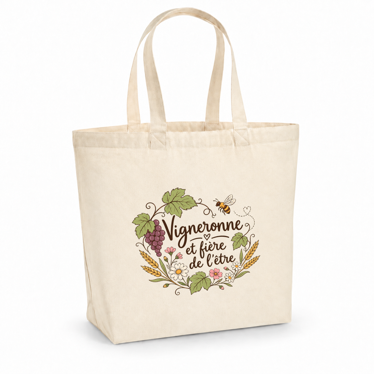 Tote bag vigneronne « Vigneronne et fière de l'être » Premium, cabas à soufflet en coton naturel 200 g/m² de 18 litres, illustration bohème d'une grappe de raisin, de feuilles de vigne et d'une abeille