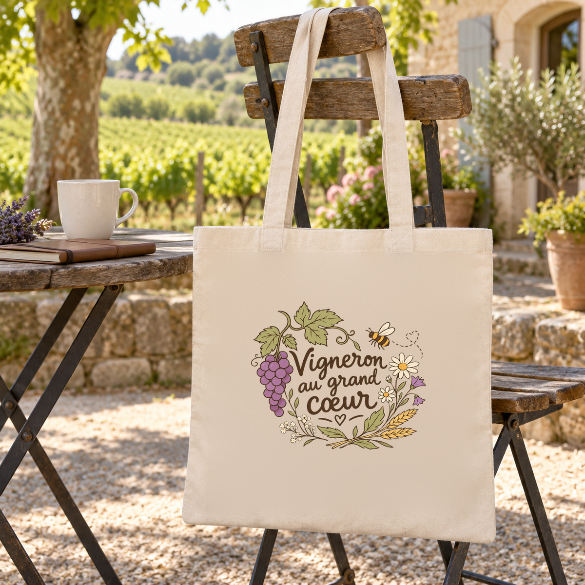 Tote bag vigneron « Vigneron au grand cœur » Essentiel suspendu à une chaise de terrasse, face aux vignes