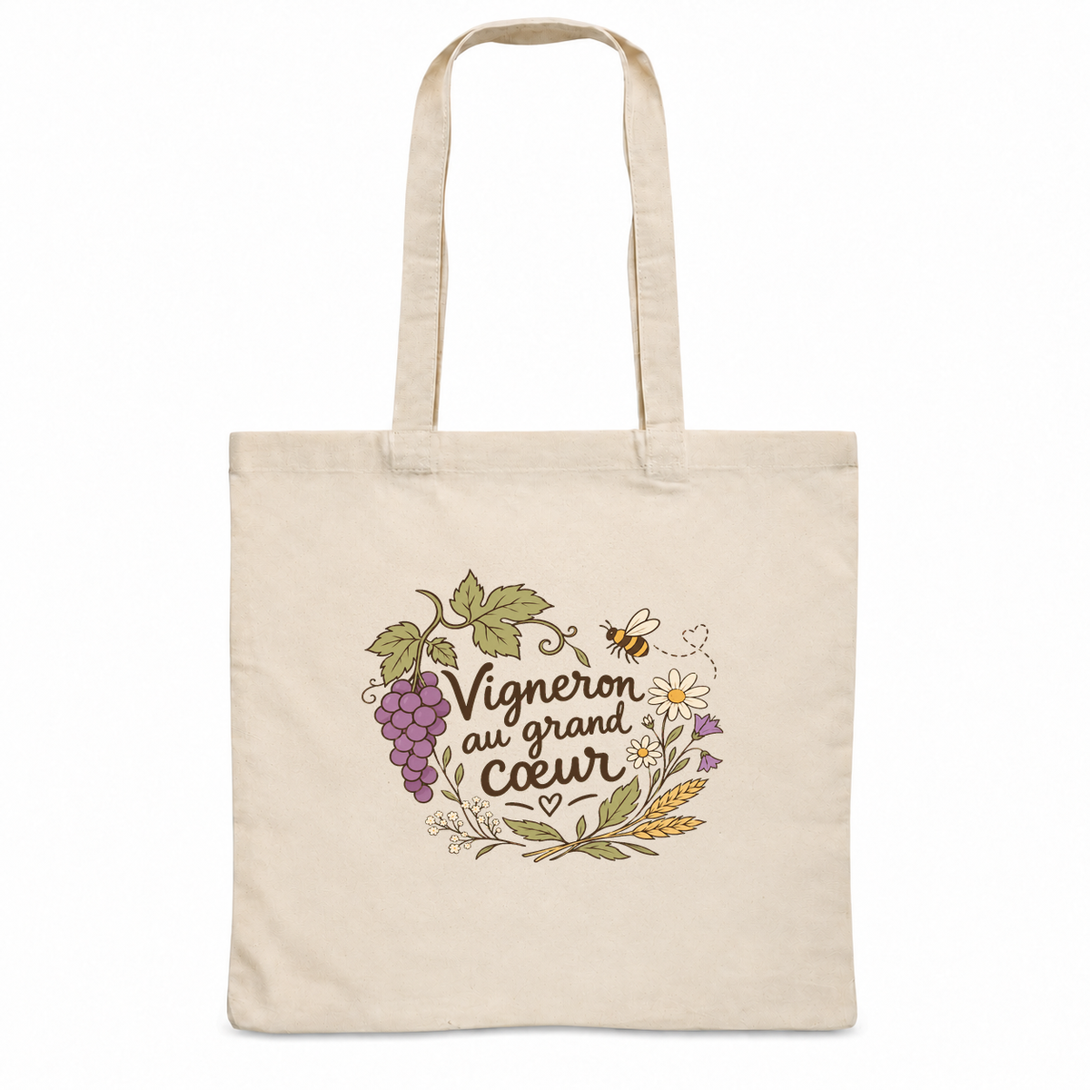 Tote bag vigneron « Vigneron au grand cœur » Essentiel, sac plat en coton naturel 140 g/m² de 38 × 42 cm, illustration bohème d'une grappe de raisin, de feuilles de vigne et d'une abeille
