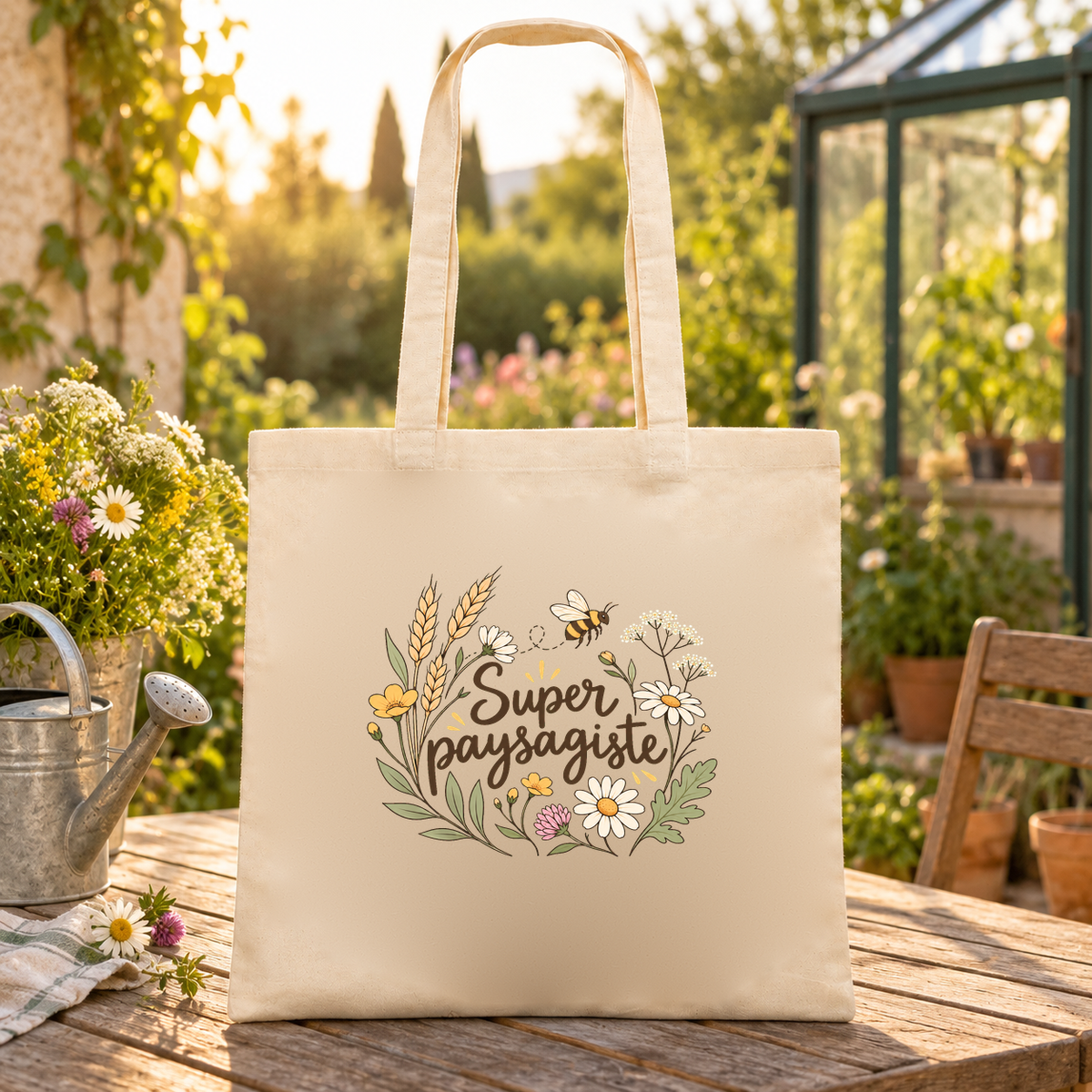 Tote bag paysagiste « Super paysagiste » Essentiel posé sur une table devant une serre, au soleil couchant