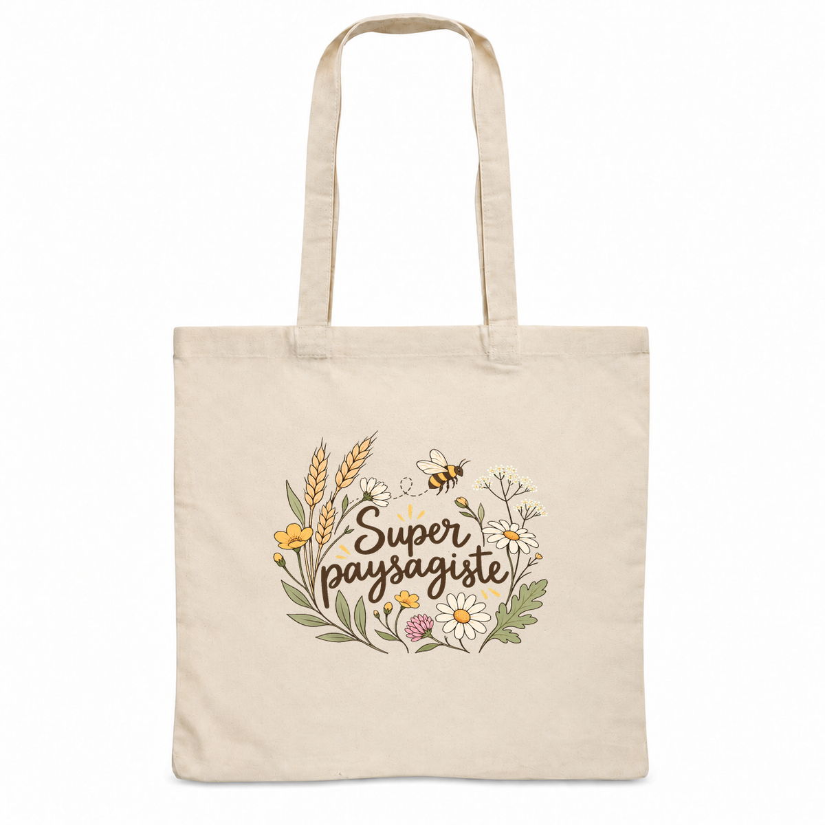 Tote bag paysagiste « Super paysagiste » Essentiel, sac plat en coton naturel 140 g/m² de 38 × 42 cm, illustration bohème d'épis de blé, d'une abeille et de fleurs des champs