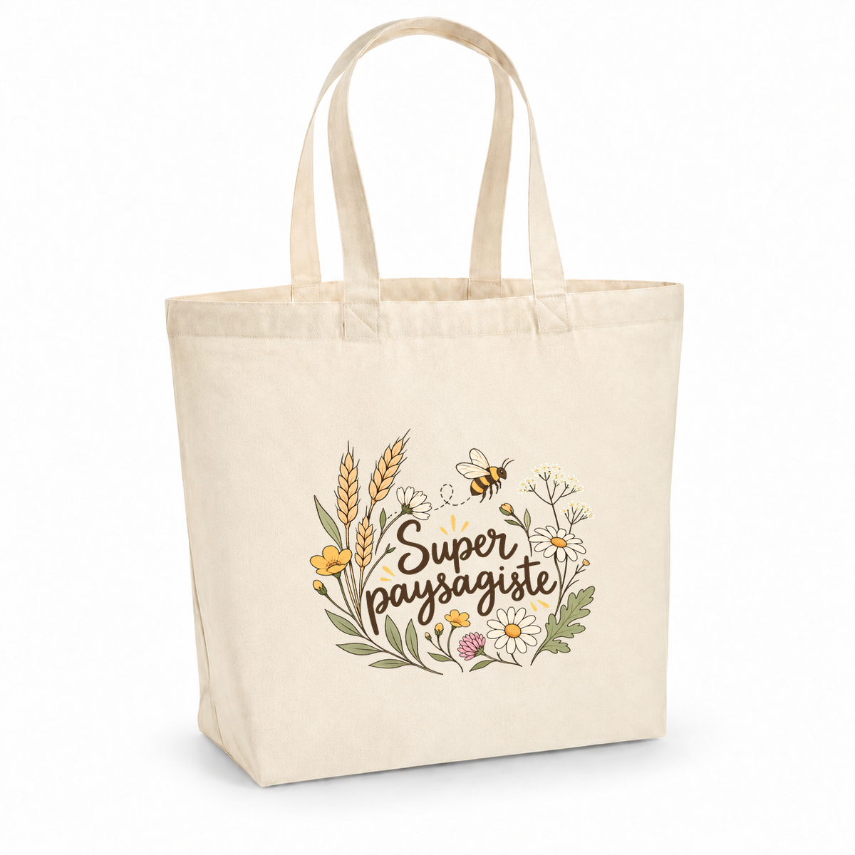 Tote bag paysagiste « Super paysagiste » Premium, cabas à soufflet en coton naturel 200 g/m² de 18 litres, illustration bohème d'épis de blé, d'une abeille et de fleurs des champs