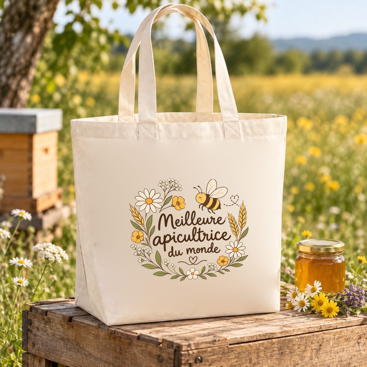 Tote bag apicultrice « Meilleure apicultrice du monde » Premium posé sur une caisse en bois parmi les fleurs, à côté d'un pot de miel
