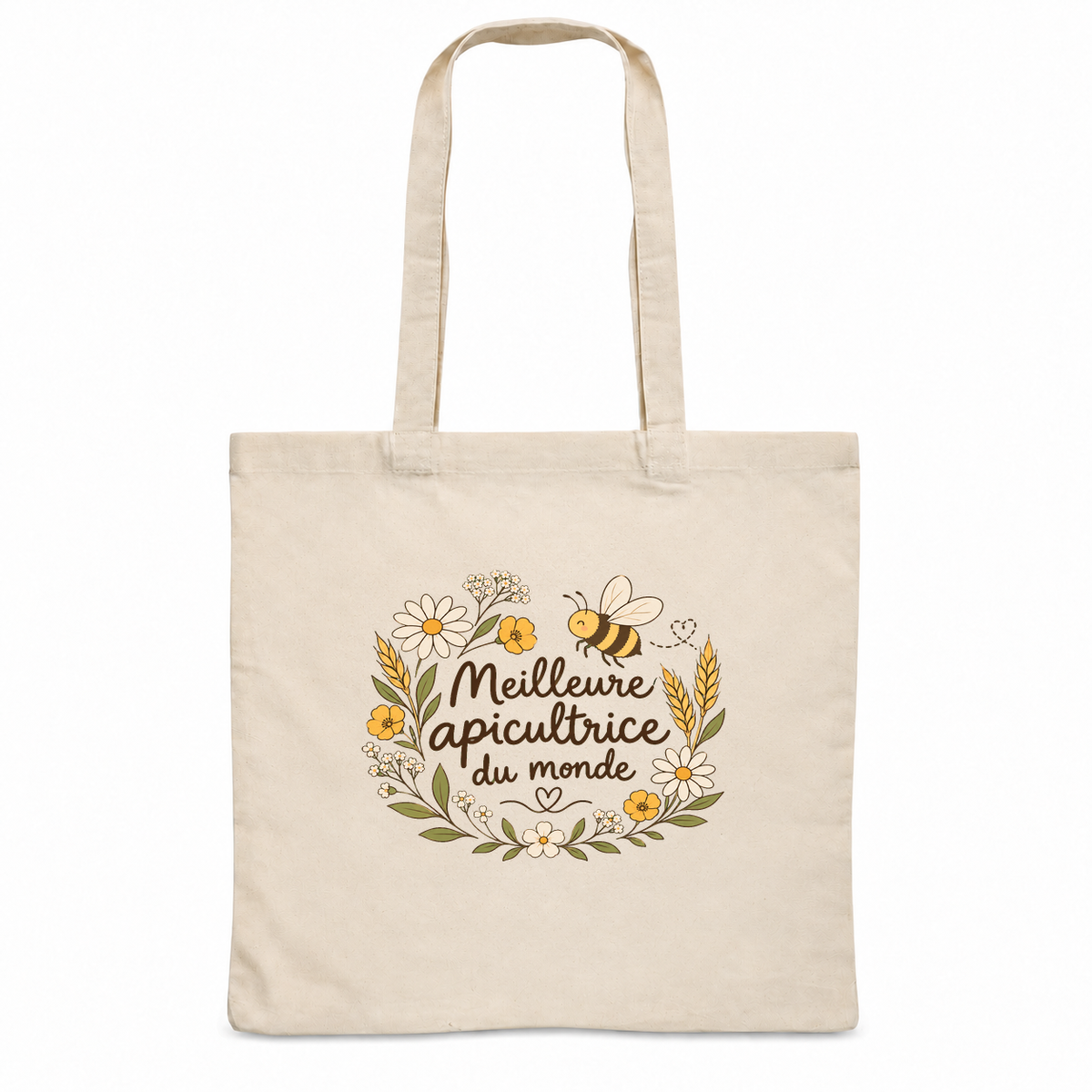 Tote bag apicultrice « Meilleure apicultrice du monde » Essentiel, sac plat en coton naturel 140 g/m² de 38 × 42 cm, illustration bohème d'une abeille, de marguerites et d'épis de blé