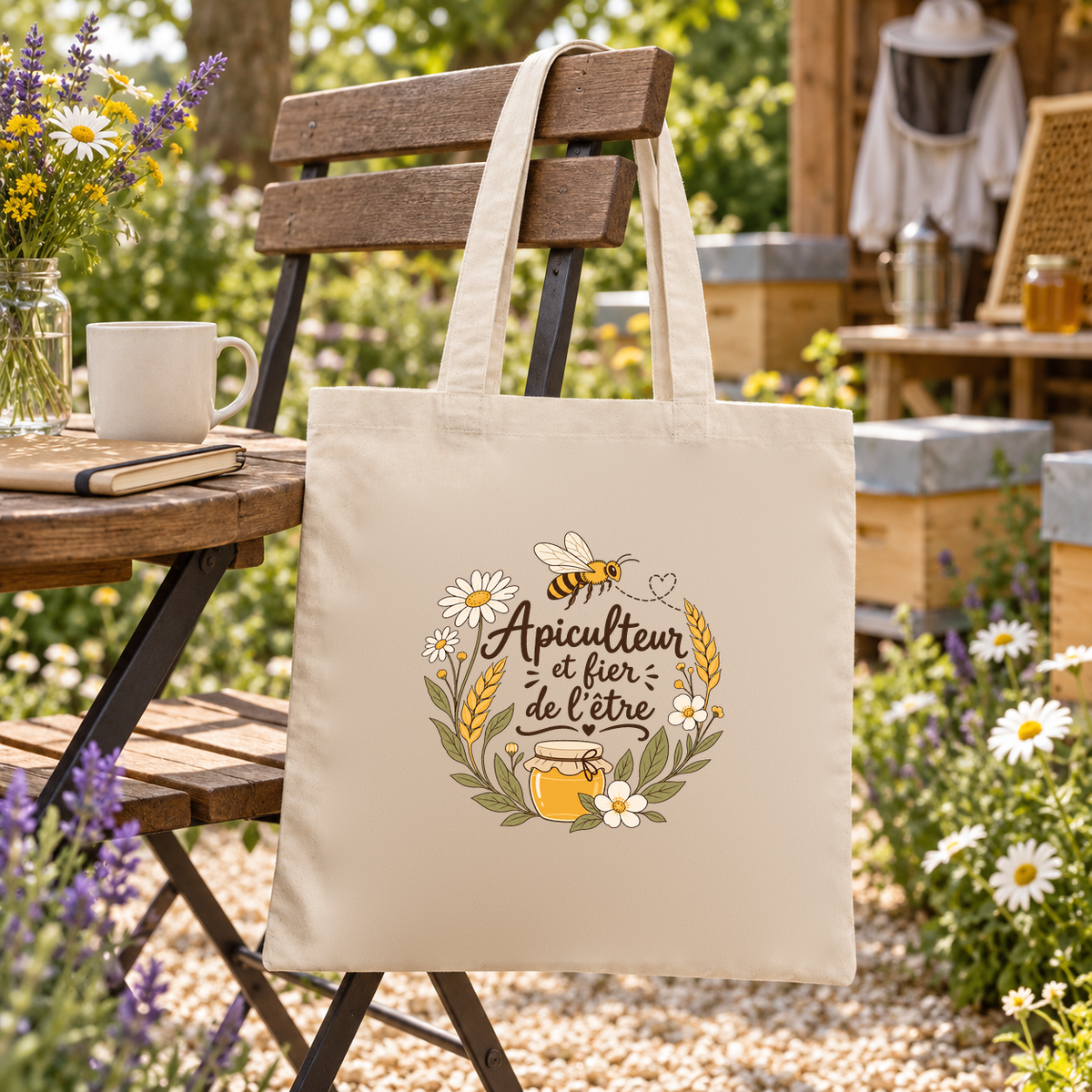 Tote bag apiculteur « Apiculteur et fier de l'être » Essentiel suspendu à une chaise près des ruches