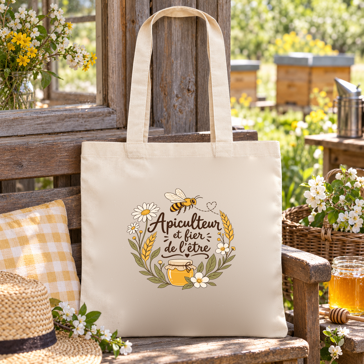 Tote bag apiculteur « Apiculteur et fier de l'être » Essentiel posé sur un banc près des ruches, à côté d'un chapeau de paille