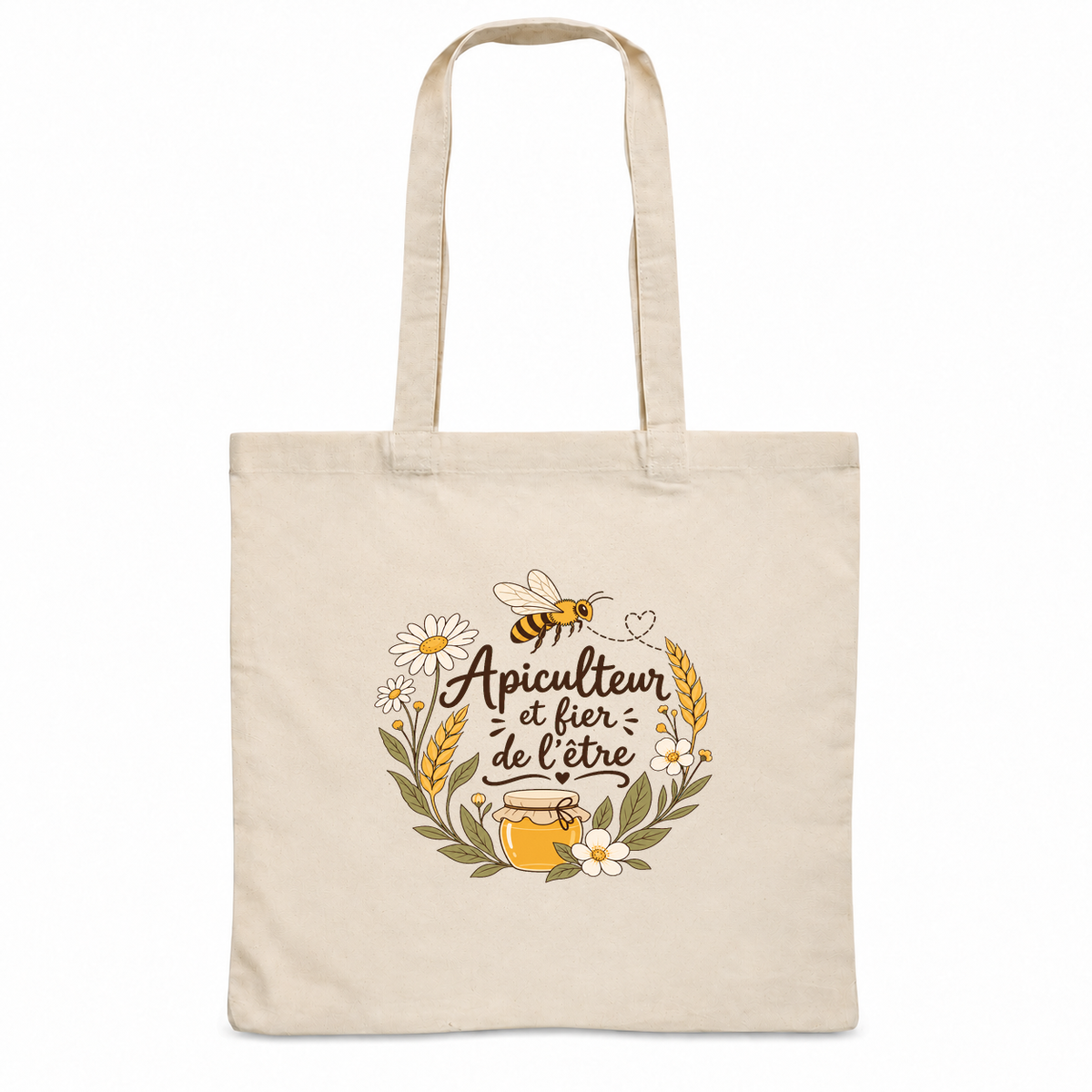 Tote bag apiculteur « Apiculteur et fier de l'être » Essentiel, sac plat en coton naturel 140 g/m² de 38 × 42 cm, illustration bohème d'une abeille, d'un pot de miel et de marguerites