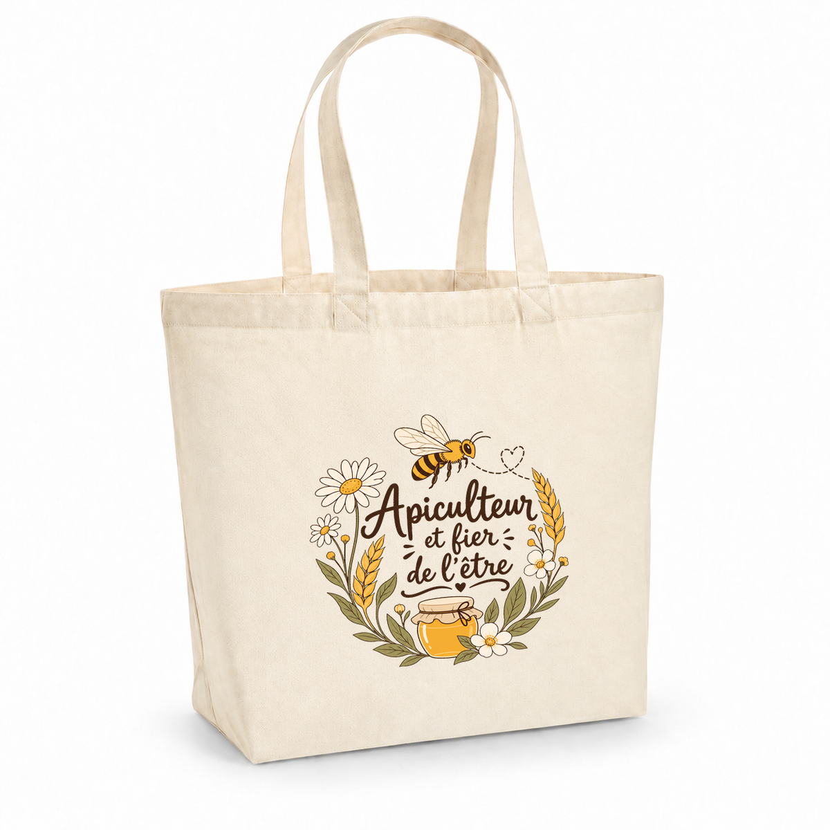Tote bag apiculteur « Apiculteur et fier de l'être » Premium, cabas à soufflet en coton naturel 200 g/m² de 18 litres, illustration bohème d'une abeille, d'un pot de miel et de marguerites