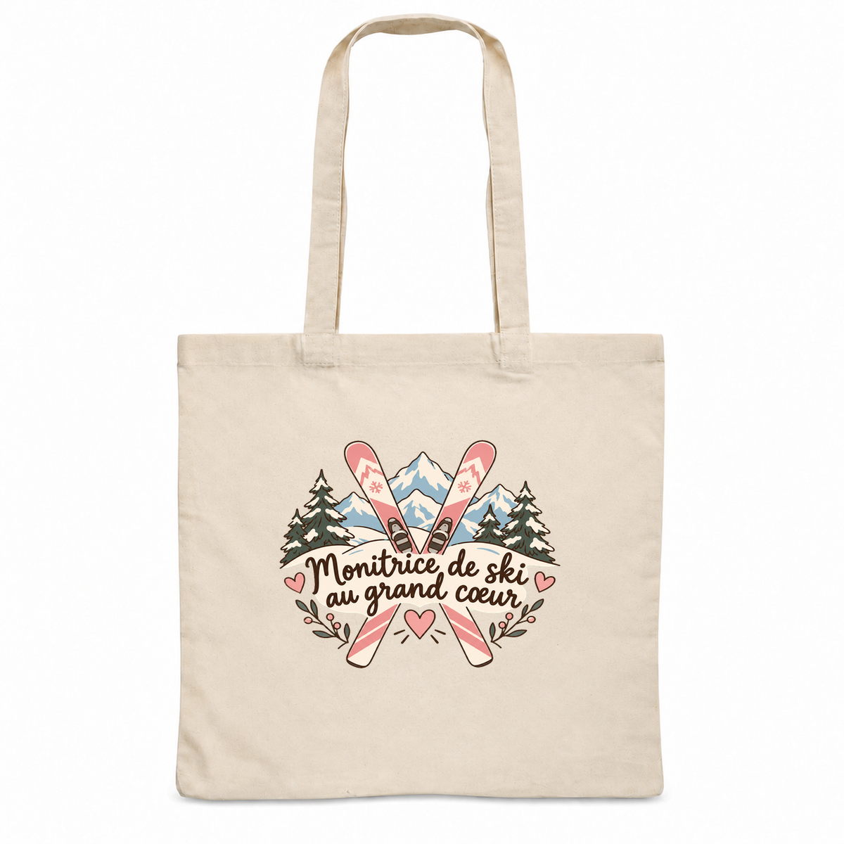 Tote bag monitrice de ski « Monitrice de ski au grand cœur » Essentiel, sac plat en coton naturel 140 g/m² de 38 × 42 cm, illustration bohème de skis croisés, de sommets enneigés et de sapins