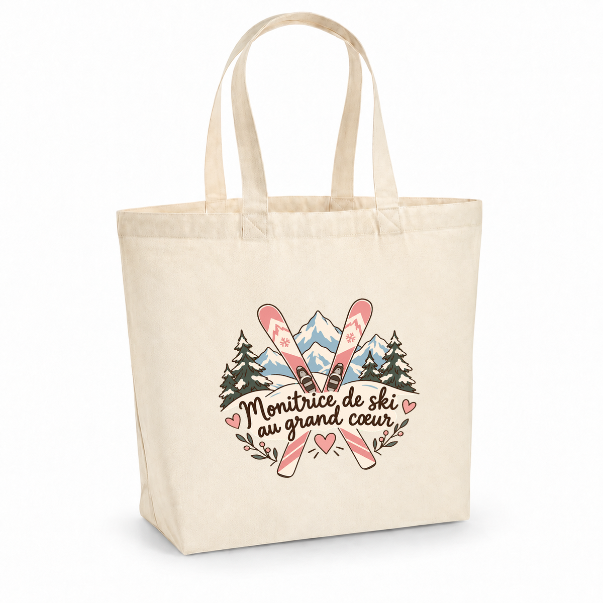 Tote bag monitrice de ski « Monitrice de ski au grand cœur » Premium, cabas à soufflet en coton naturel 200 g/m² de 18 litres, illustration bohème de skis croisés, de sommets enneigés et de sapins