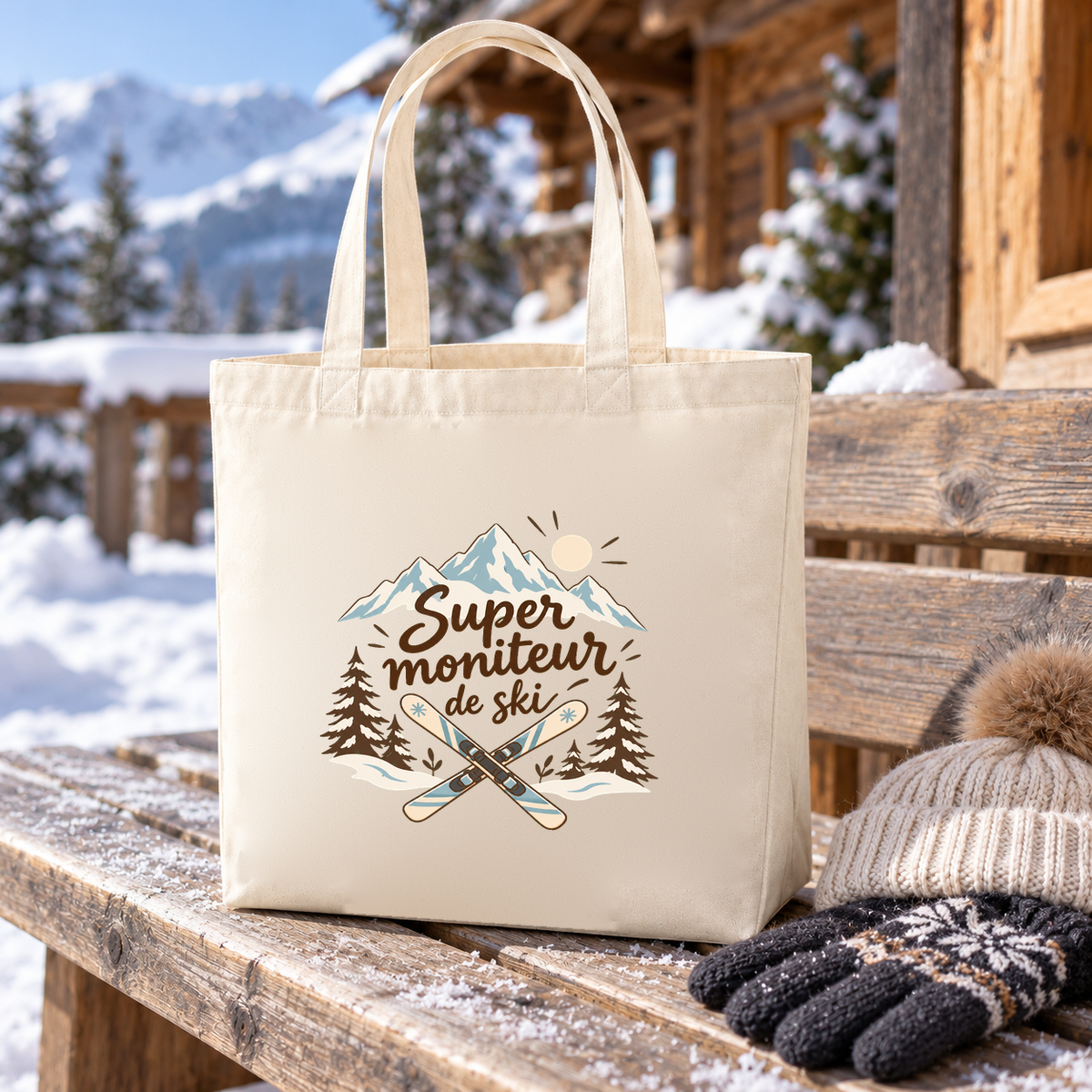 Tote bag moniteur de ski « Super moniteur de ski » Premium posé sur une table de terrasse enneigée, à côté d'un bonnet et de gants
