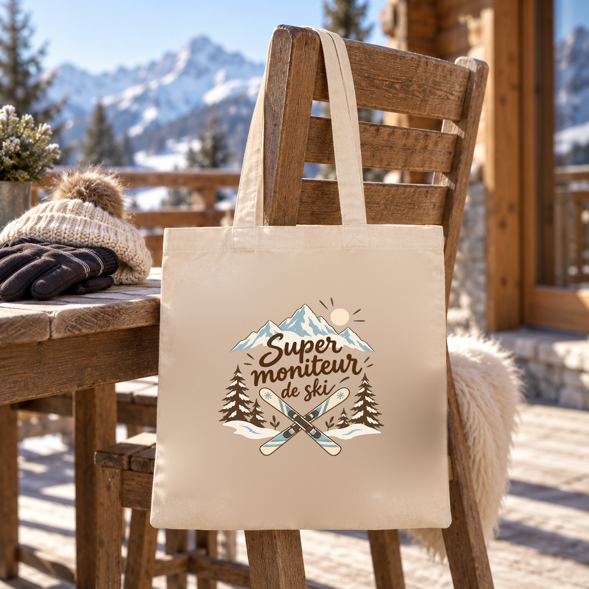 Tote bag moniteur de ski « Super moniteur de ski » Essentiel suspendu à une chaise de chalet, à côté d'un bonnet