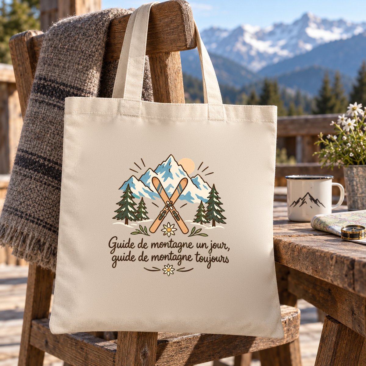 Tote bag guide de montagne Essentiel suspendu à une chaise de terrasse face aux montagnes, à côté d'une tasse