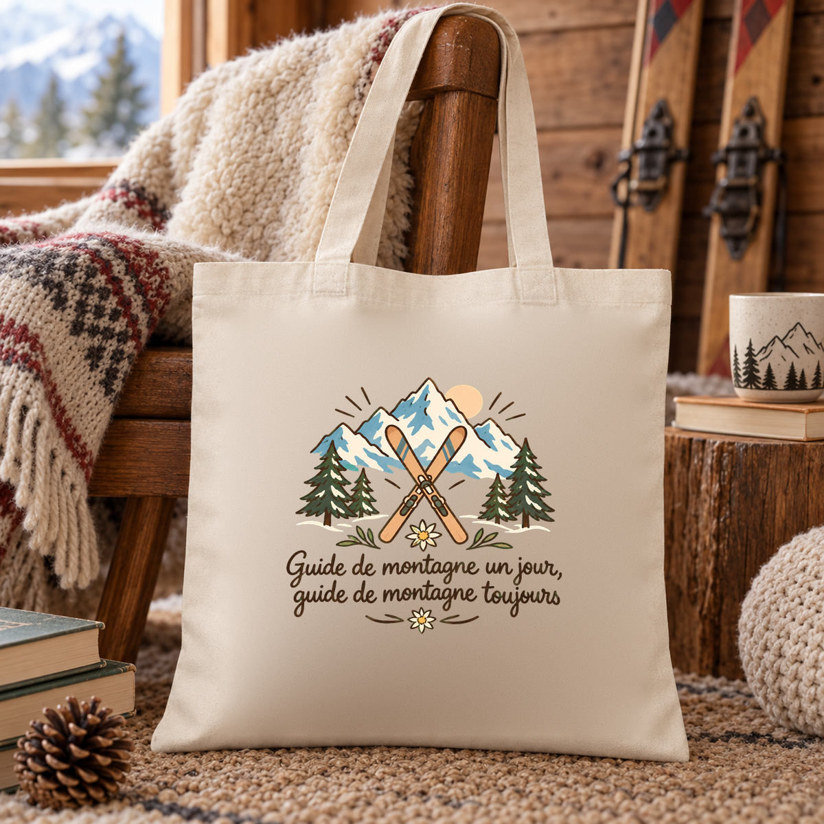 Tote bag guide de montagne Essentiel posé sur un fauteuil de chalet, à côté d'un plaid