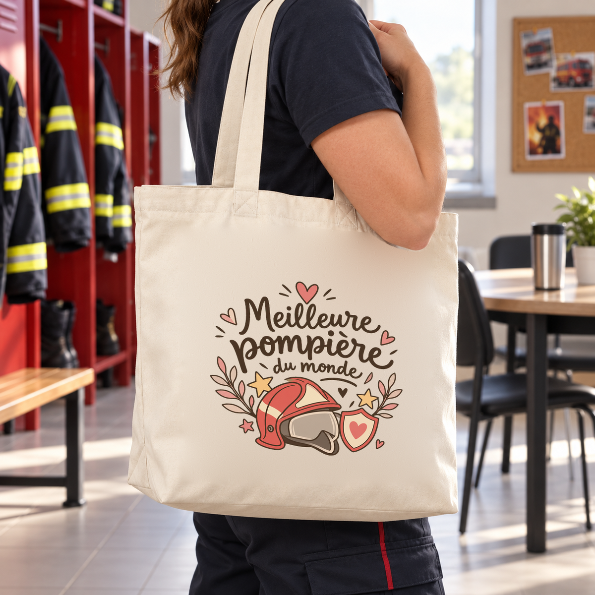 Tote bag pompière « Meilleure pompière du monde » Premium porté à l'épaule dans le vestiaire d'une caserne