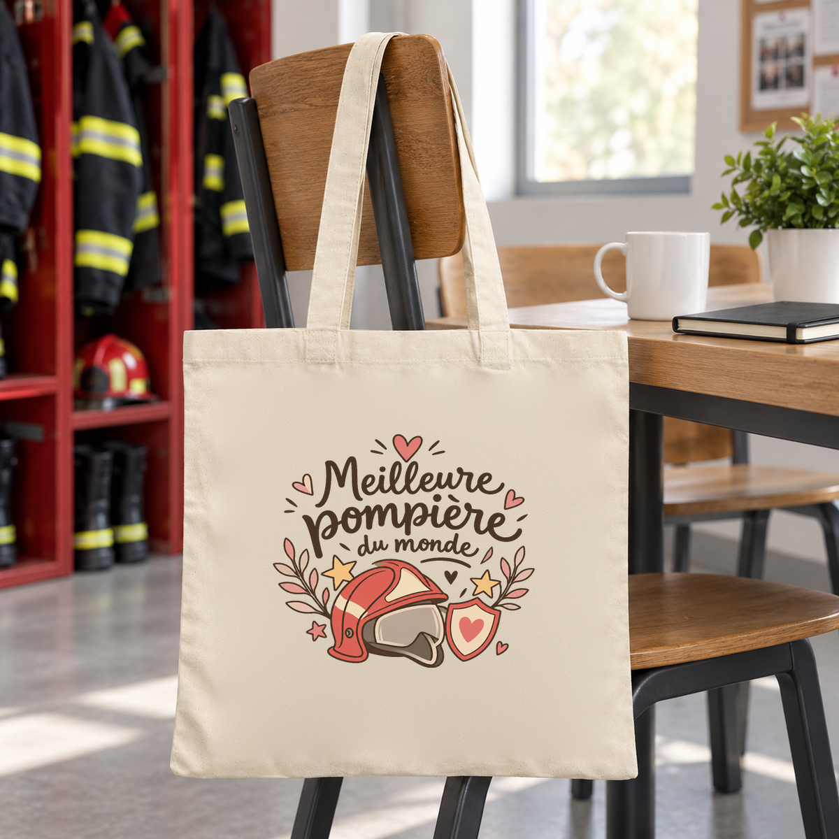Tote bag pompière « Meilleure pompière du monde » Essentiel suspendu à une chaise de la caserne