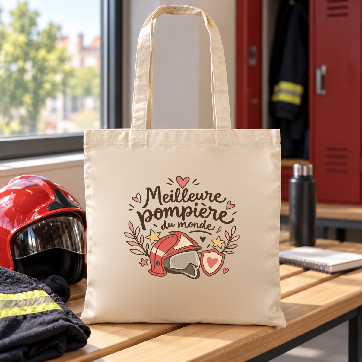 Tote bag pompière « Meilleure pompière du monde » Essentiel posé sur un banc de la caserne, à côté d'un casque