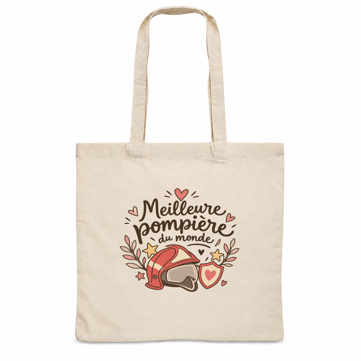 Tote bag pompière « Meilleure pompière du monde » Essentiel, sac plat en coton naturel 140 g/m² de 38 × 42 cm, illustration bohème d'un casque de pompier, d'un bouclier en cœur et d'étoiles