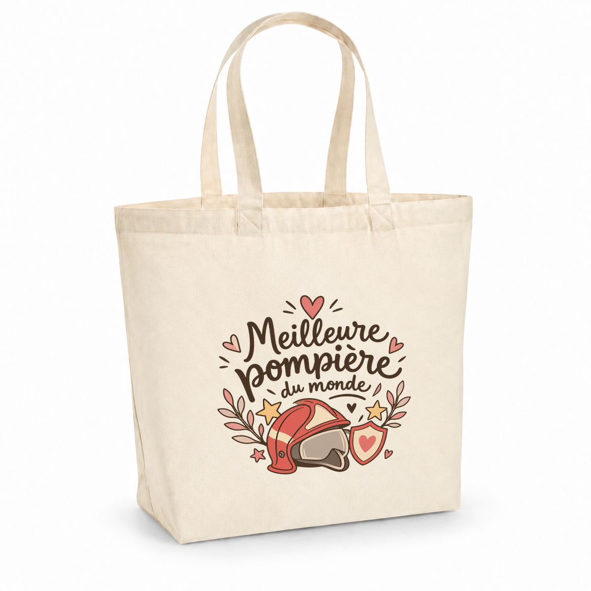 Tote bag pompière « Meilleure pompière du monde » Premium, cabas à soufflet en coton naturel 200 g/m² de 18 litres, illustration bohème d'un casque de pompier, d'un bouclier en cœur et d'étoiles