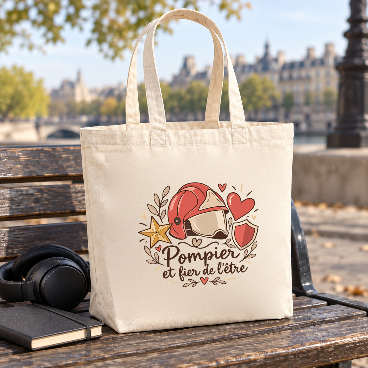 Tote bag pompier « Pompier et fier de l'être » Premium posé sur un banc en ville, à côté d'un carnet