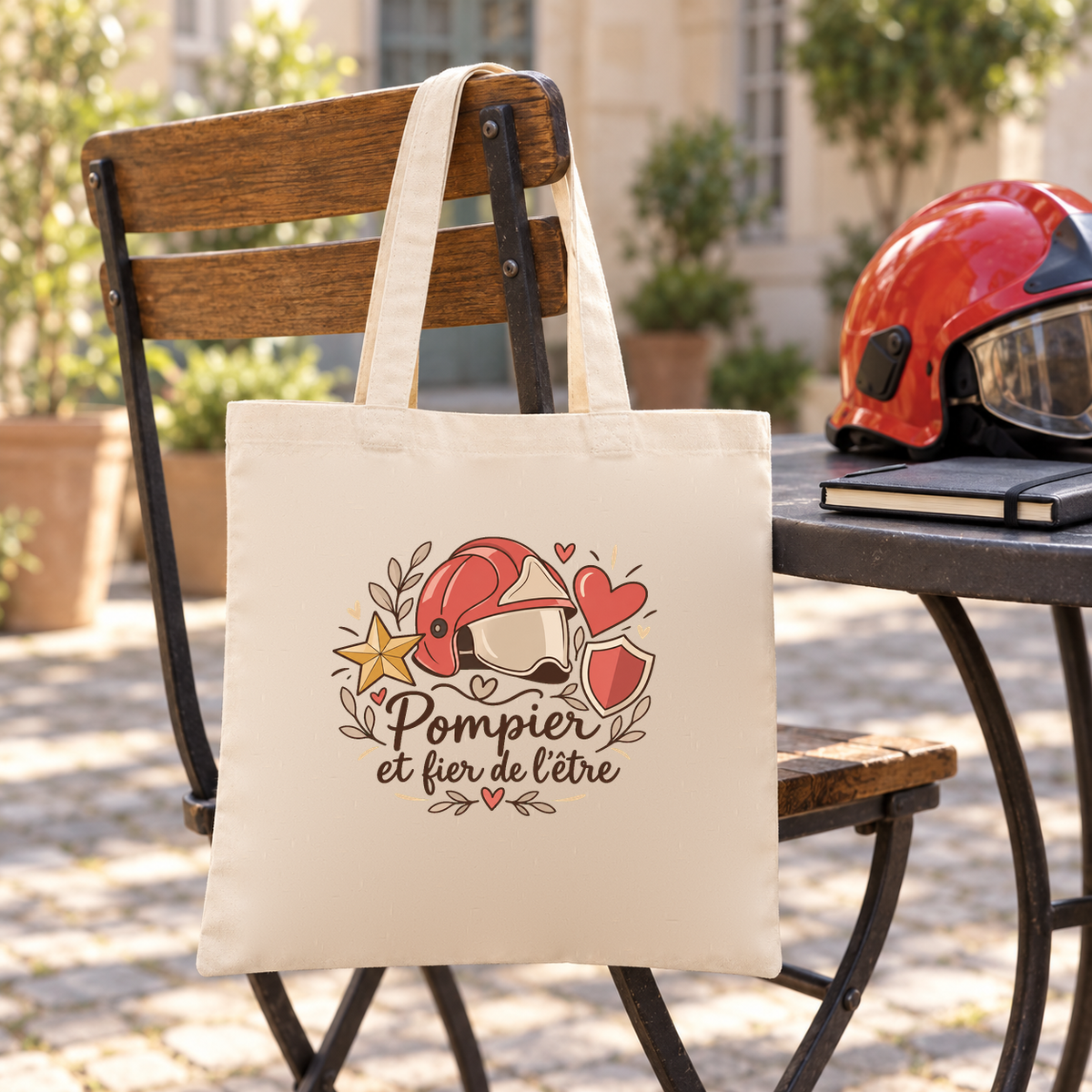 Tote bag pompier « Pompier et fier de l'être » Essentiel suspendu à une chaise de terrasse, à côté d'un casque de pompier