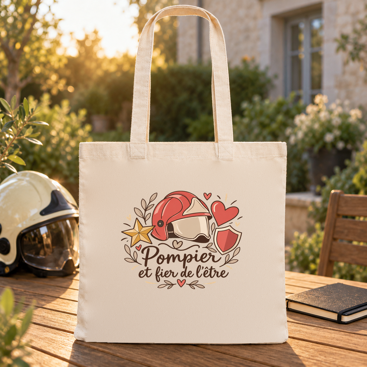 Tote bag pompier « Pompier et fier de l'être » Essentiel posé sur une table au soleil, à côté d'un casque de pompier