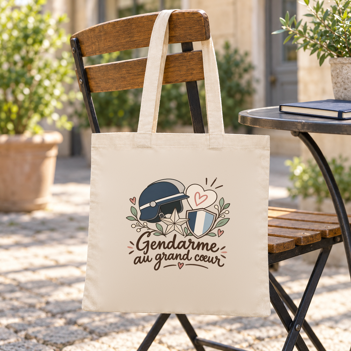 Tote bag gendarme « Gendarme au grand cœur » Essentiel suspendu à une chaise de terrasse