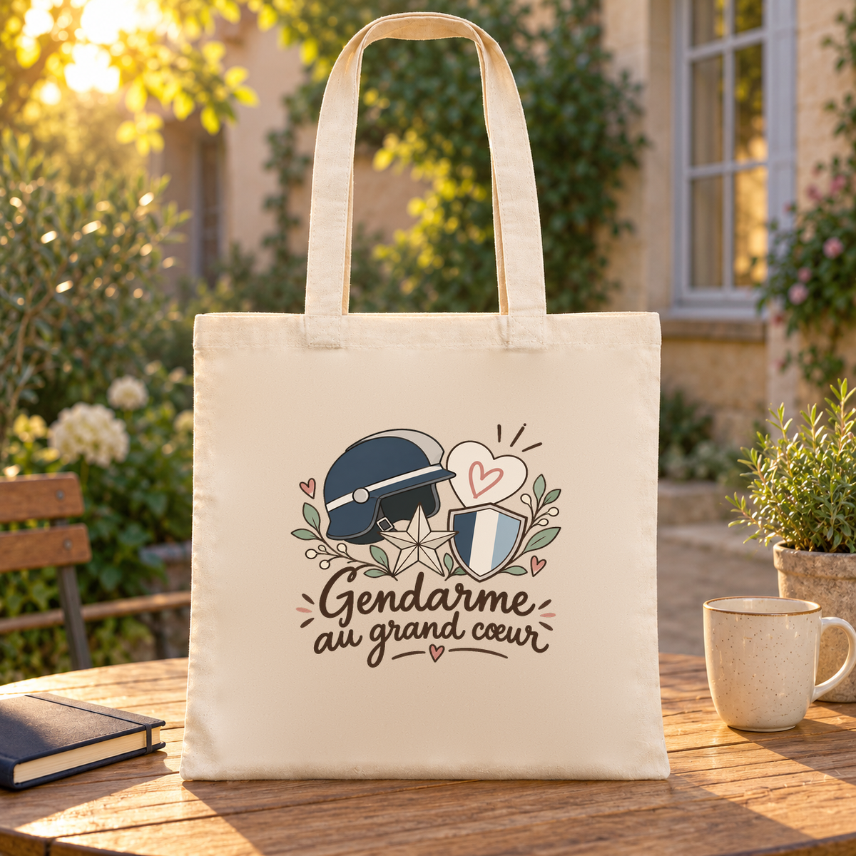 Tote bag gendarme « Gendarme au grand cœur » Essentiel posé sur une table de jardin, à côté d'une tasse