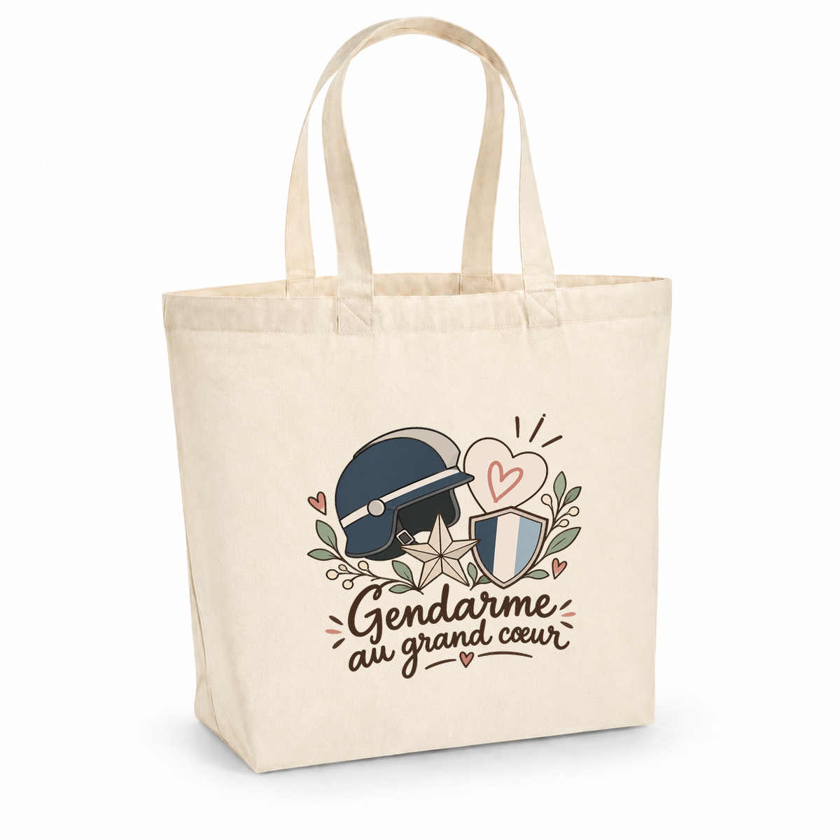 Tote bag gendarme « Gendarme au grand cœur » Premium, cabas à soufflet en coton naturel 200 g/m² de 18 litres, illustration bohème d'un casque, d'un cœur, d'une étoile et d'un bouclier