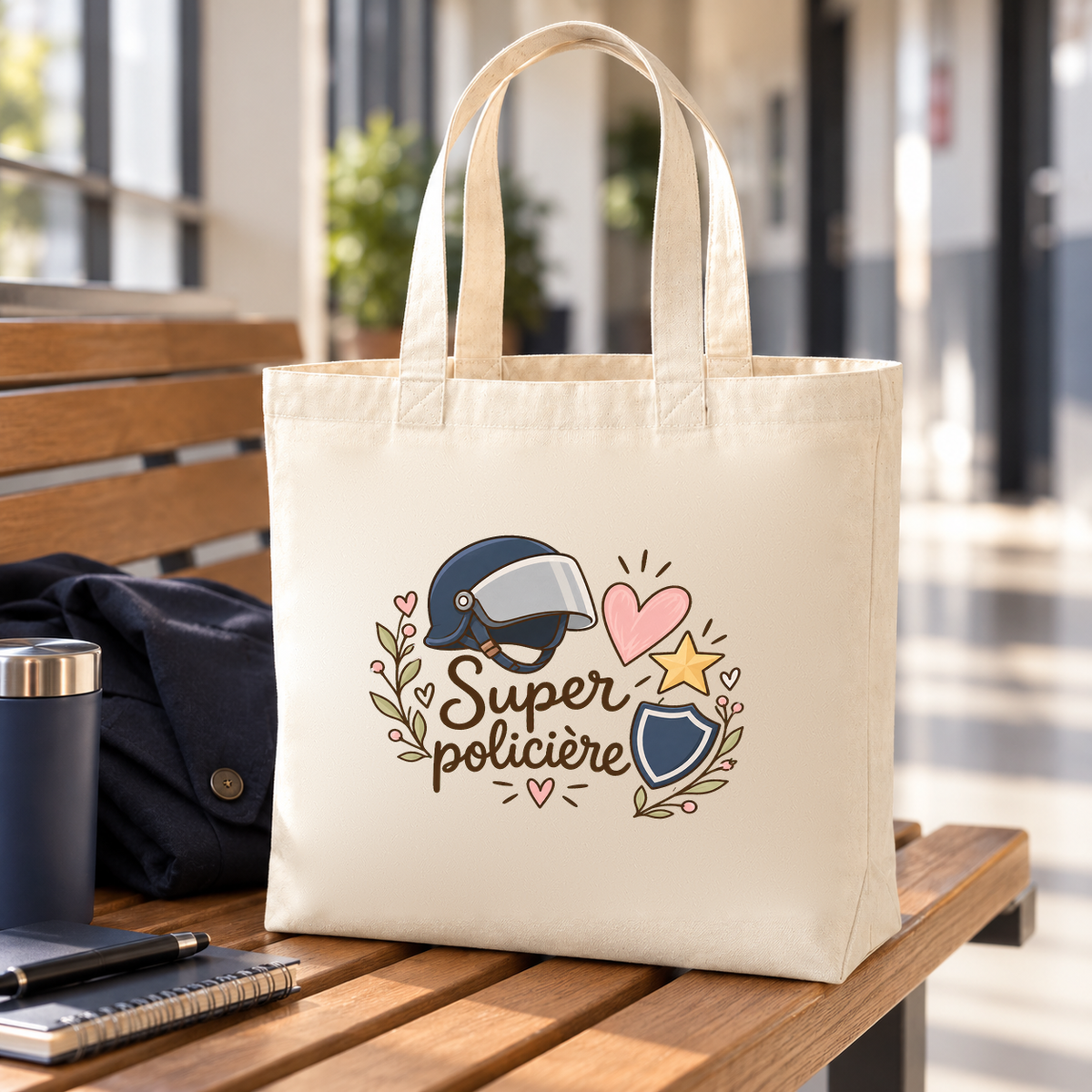 Tote bag policière « Super policière » Premium posé sur un banc, à côté d'un sac et d'une gourde