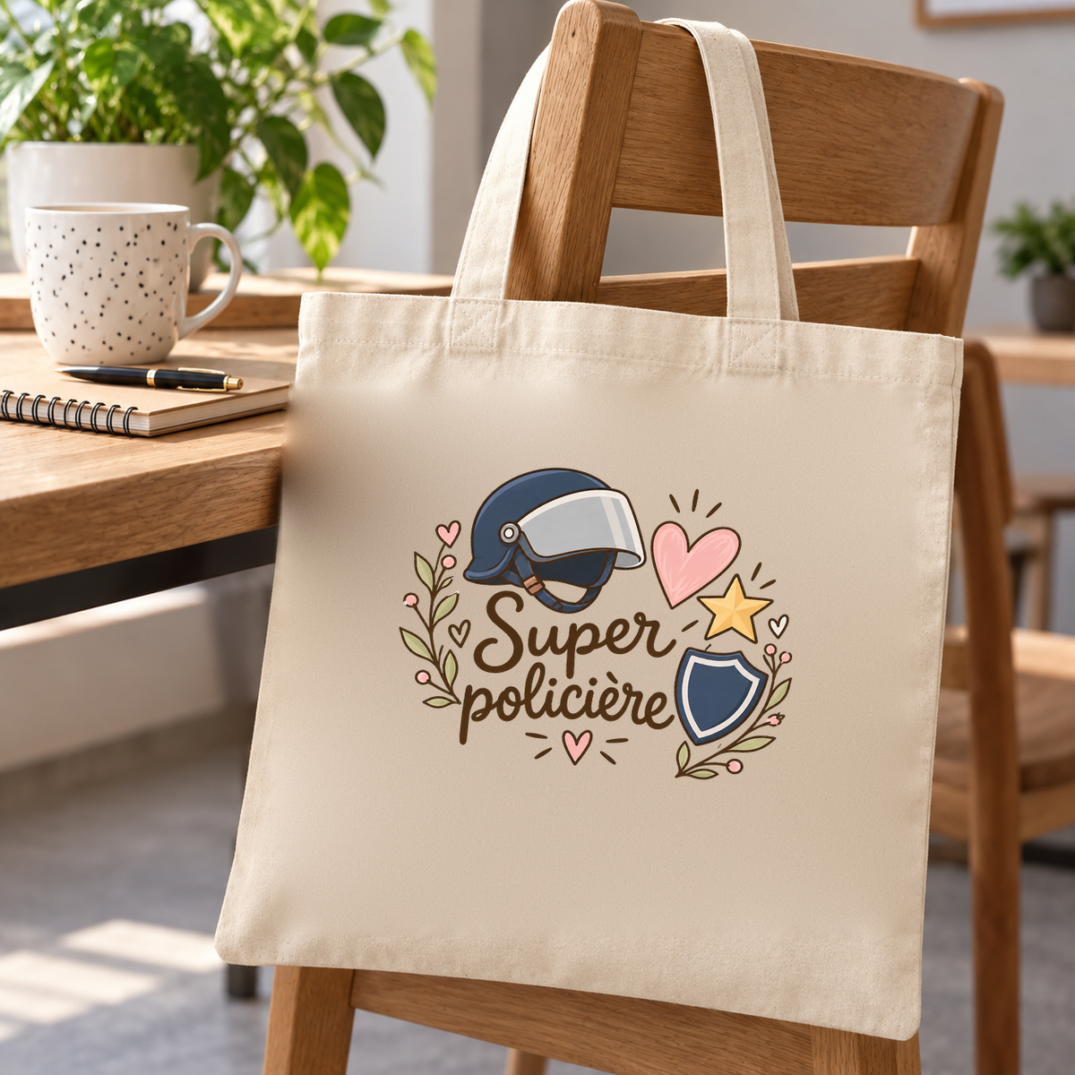 Tote bag policière « Super policière » Essentiel suspendu à une chaise de terrasse, à côté d'une tasse et d'un carnet