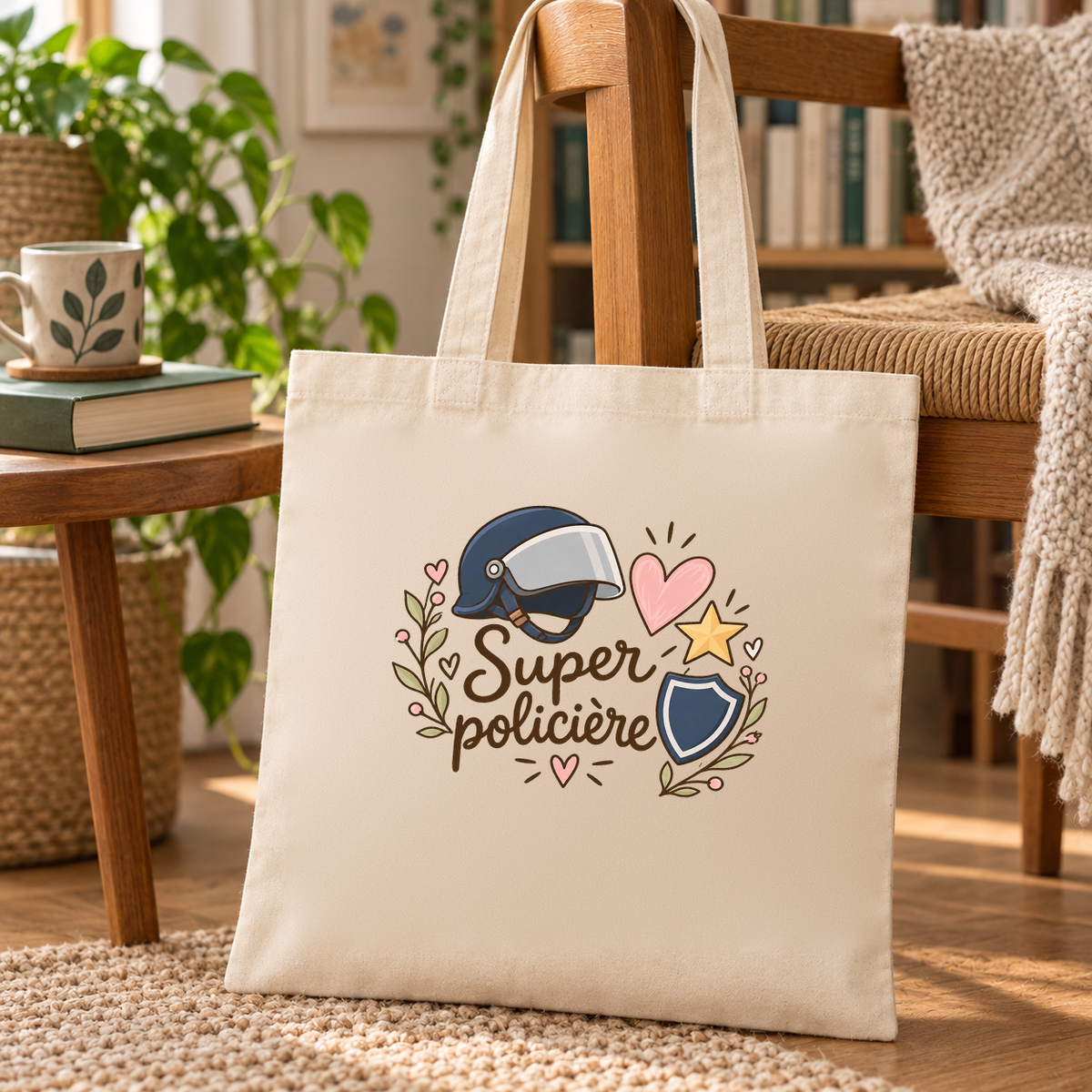Tote bag policière « Super policière » Essentiel posé sur une chaise près d'une bibliothèque, à côté d'un plaid