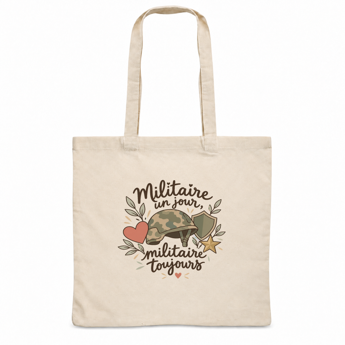 Tote bag militaire « Militaire un jour, militaire toujours » Essentiel, sac plat en coton naturel 140 g/m² de 38 × 42 cm, illustration bohème d'un casque camouflage, d'un cœur, d'une étoile et d'un bouclier