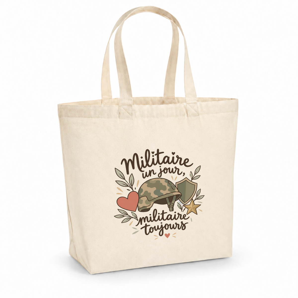 Tote bag militaire « Militaire un jour, militaire toujours » Premium, cabas à soufflet en coton naturel 200 g/m² de 18 litres, illustration bohème d'un casque camouflage, d'un cœur, d'une étoile et d'un bouclier