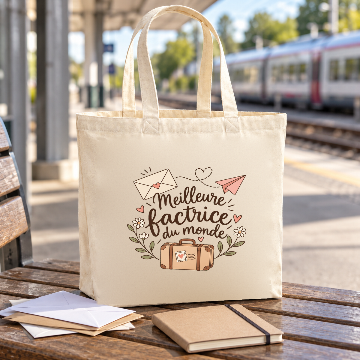 Tote bag factrice « Meilleure factrice du monde » Premium posé sur un banc de quai de gare, à côté de carnets