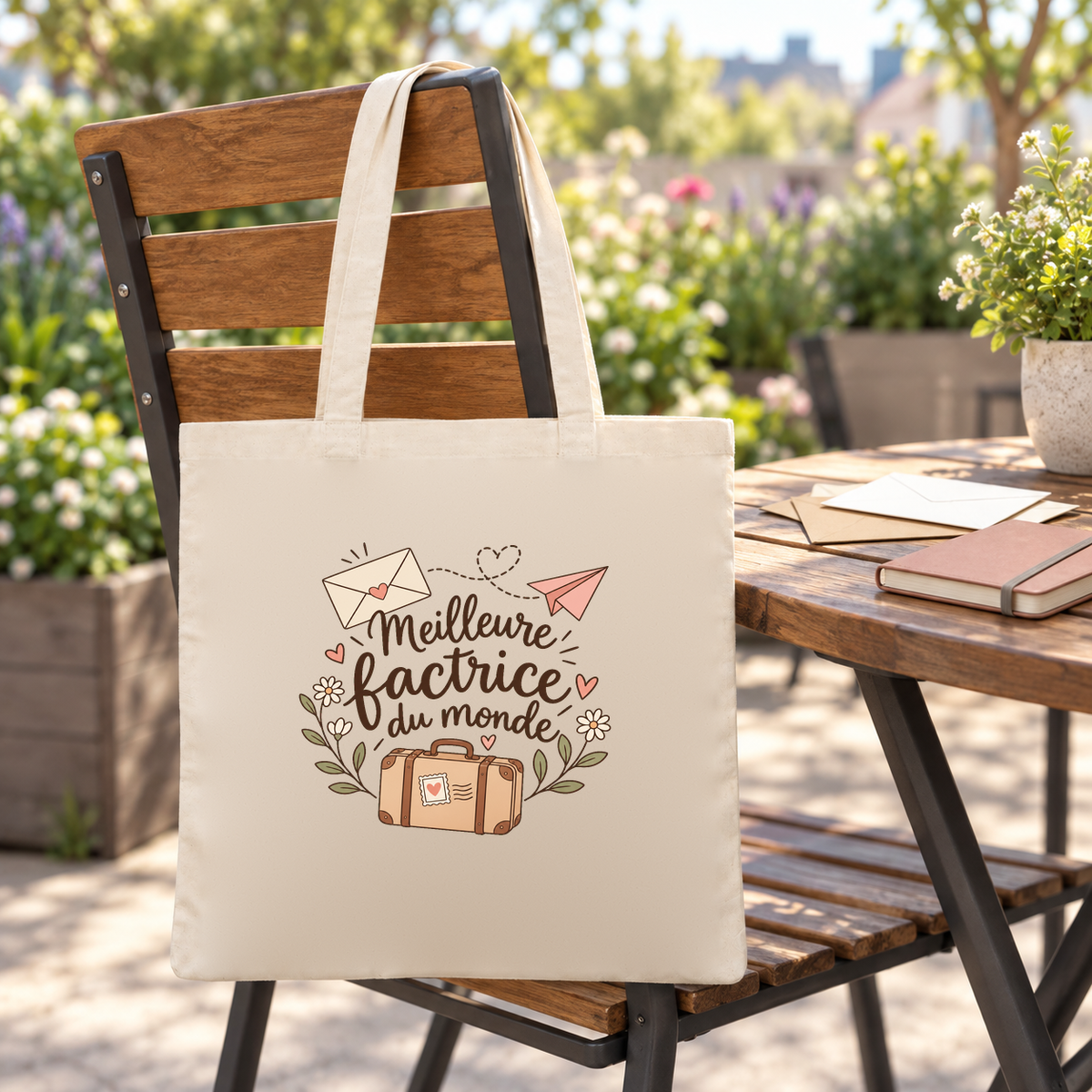 Tote bag factrice « Meilleure factrice du monde » Essentiel suspendu à une chaise de terrasse, à côté de lettres