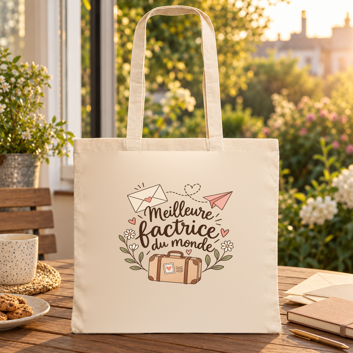 Tote bag factrice « Meilleure factrice du monde » Essentiel posé sur une table au soleil, à côté de lettres