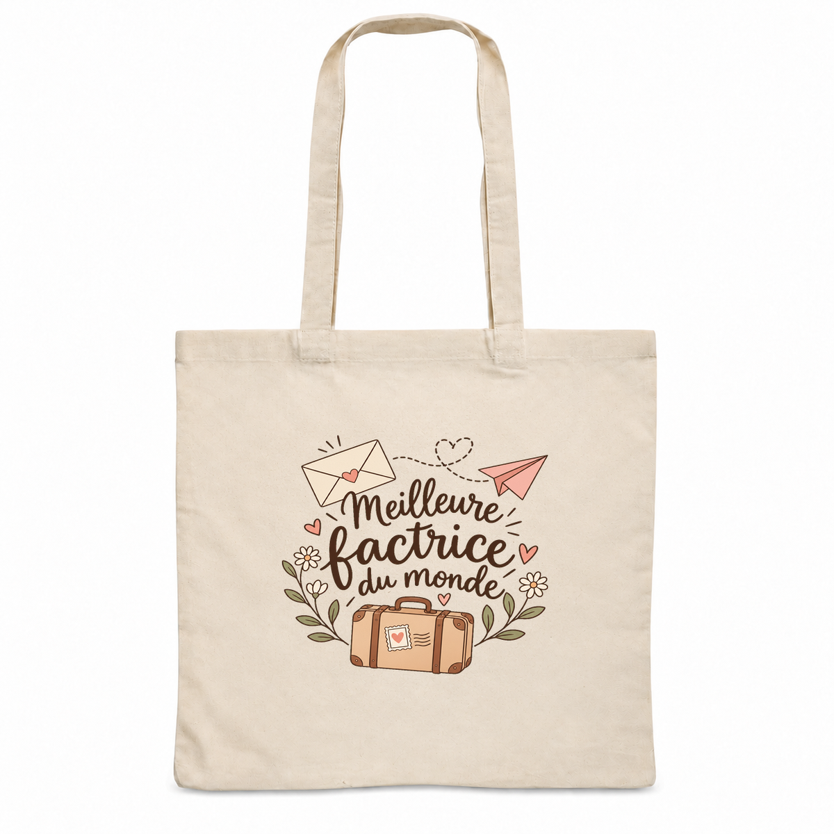 Tote bag factrice « Meilleure factrice du monde » Essentiel, sac plat en coton naturel 140 g/m² de 38 × 42 cm, illustration bohème d'une enveloppe, d'un avion en papier et d'une petite valise