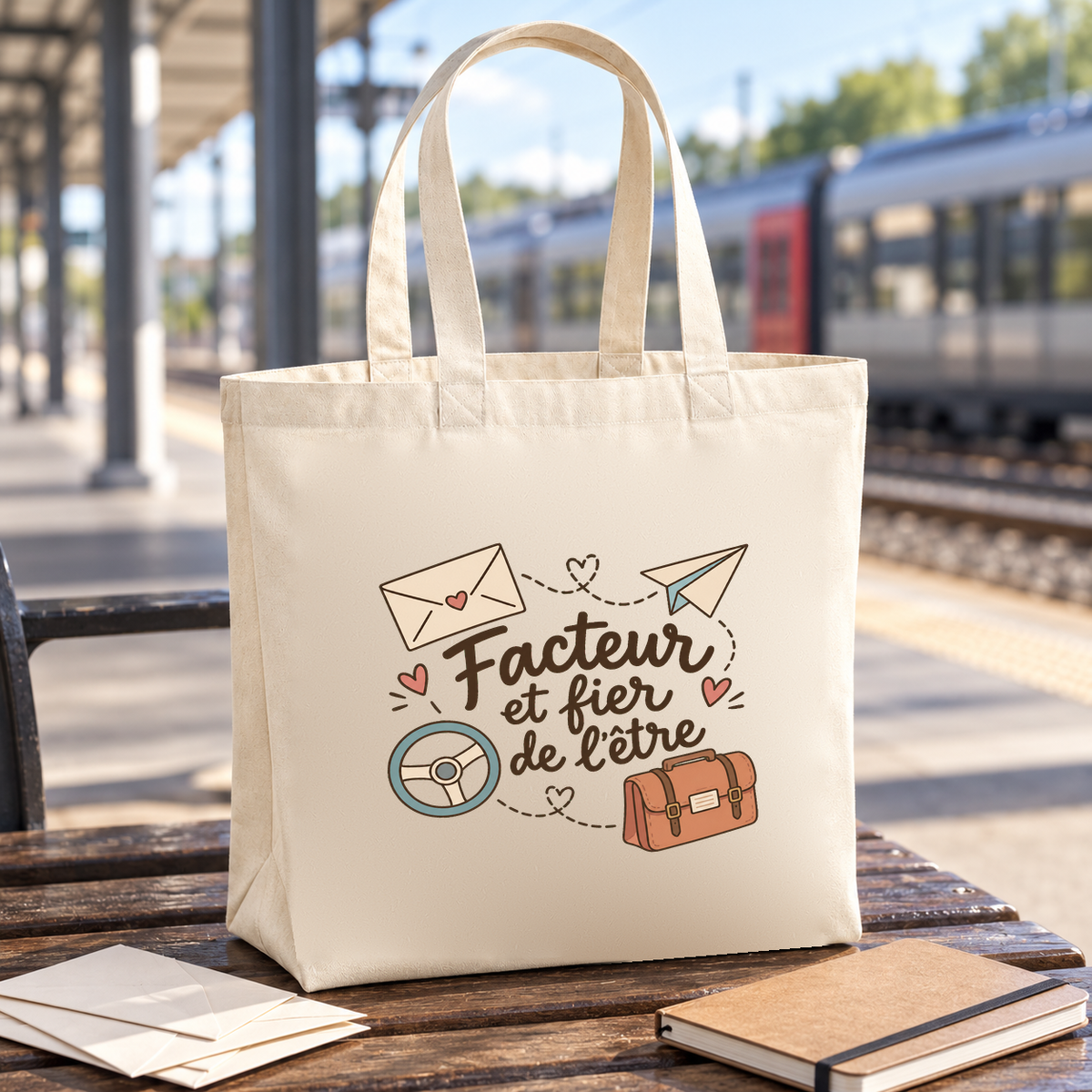 Tote bag facteur « Facteur et fier de l'être » Premium posé sur un banc de quai de gare, à côté d'un carnet