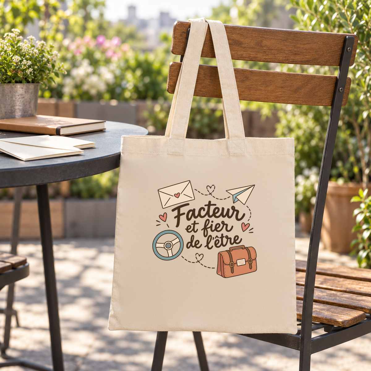 Tote bag facteur « Facteur et fier de l'être » Essentiel suspendu à une chaise de terrasse
