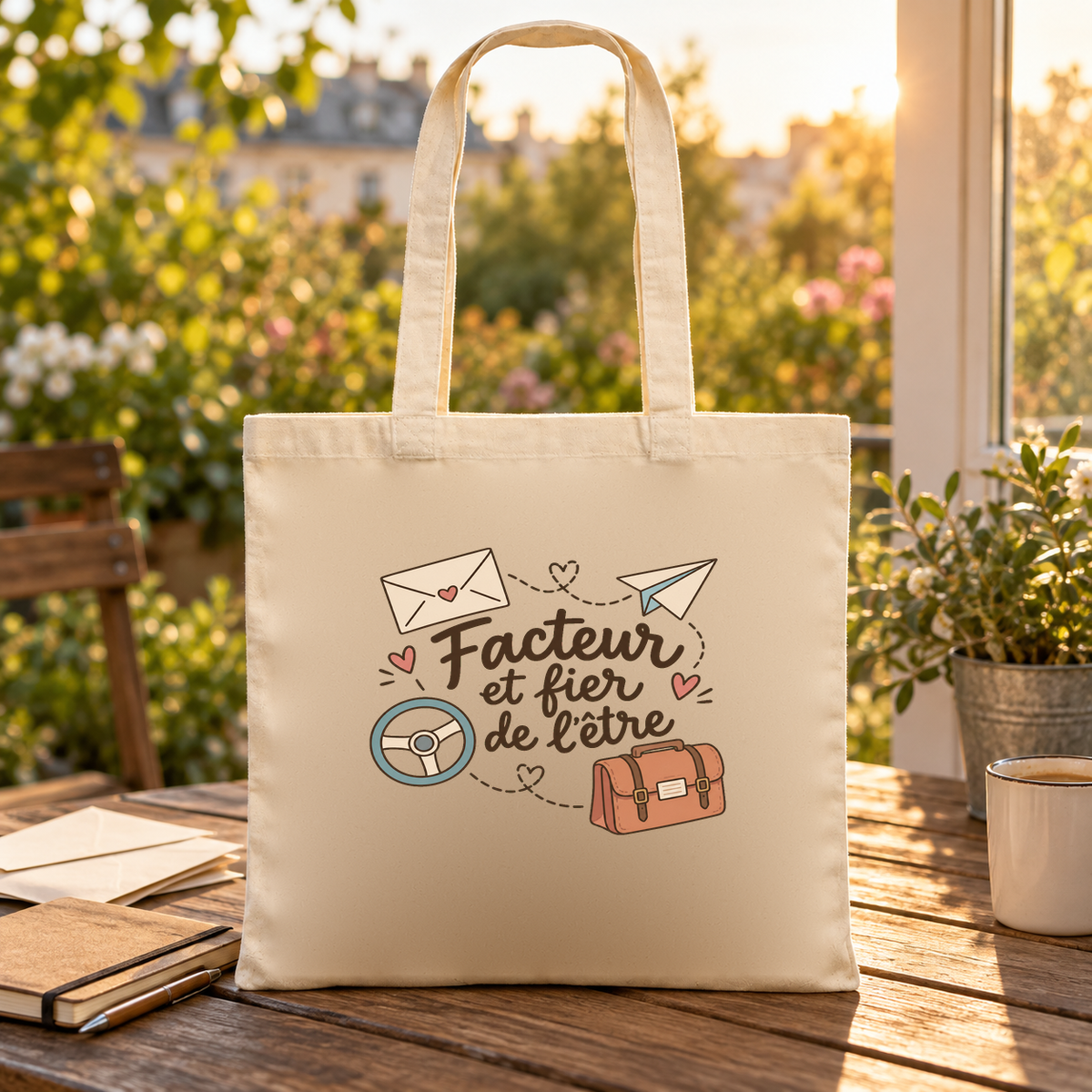 Tote bag facteur « Facteur et fier de l'être » Essentiel posé sur une table au soleil, à côté de lettres