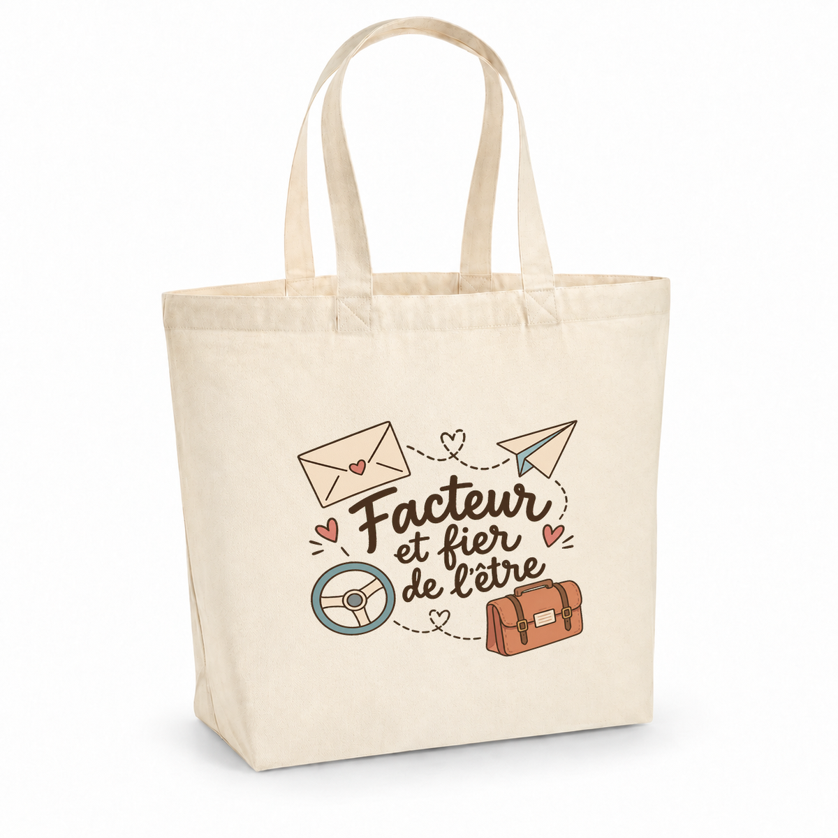 Tote bag facteur « Facteur et fier de l'être » Premium, cabas à soufflet en coton naturel 200 g/m² de 18 litres, illustration bohème d'une enveloppe, d'un avion en papier, d'un volant et d'une sacoche